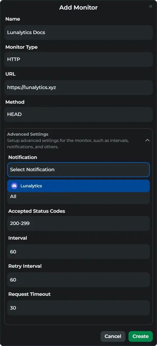 Lunalytics Add Monitor Notification